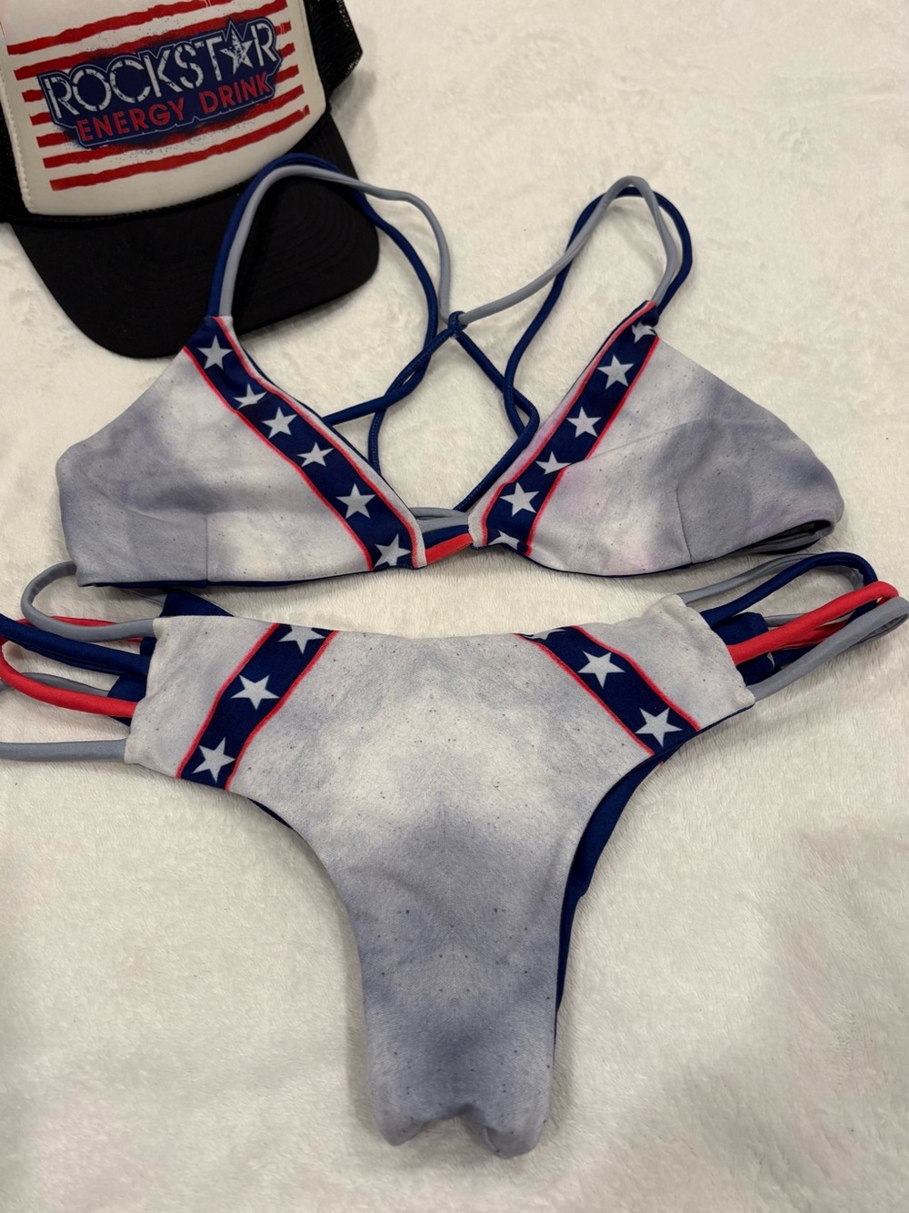 Boutique Patriotic Strappy Bikini Set USA Star Trim Festival Swimwear